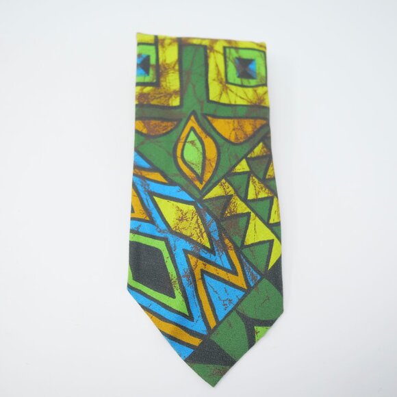 vtg 60s 70s Green BATIK Mod Disco Acetate Dacron Polyester Neck Tie 57" x 4 1/2" - Picture 1 of 6